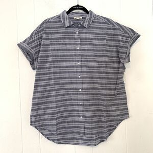 Goodthreads Womens Large Shirt Button Up Chambray Stripes Blue Short Sleeve NEW